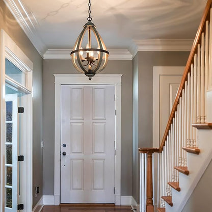 Farmhouse Chandelier, Orb Wood Chandelier, 4-Light Entryway Foyer Lighting with Hand-Brushed Rust Metal Finish, Brown