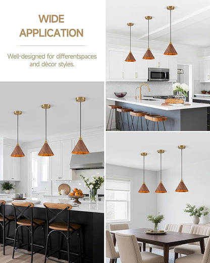 1 Pack Wood Pendant Lights Kitchen Island, 8.3” Modern Pendant Light, Adjustable Height Brushed Gold Hanging Light Fixtures, Island Lights for Dining Room, Bedroom, Hallway, Bar(Walnut)