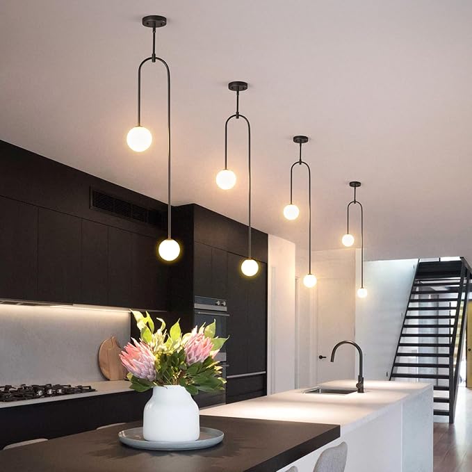 Modern Milk Glass Pendant Light 2 Light Mid Century Chandelier Small Glass Globe Black Pendant Lights for Kitchen Island Bedroom Dining (2 Pack)