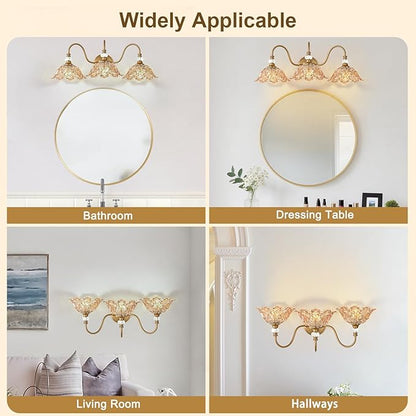 Vintage Bathroom Vanity Light, 3-Light Matte Deep Brass Finish Vanity Light with Flower-Shaped Amber Glass Shades, Retro Wall Sconce for Bathroom
