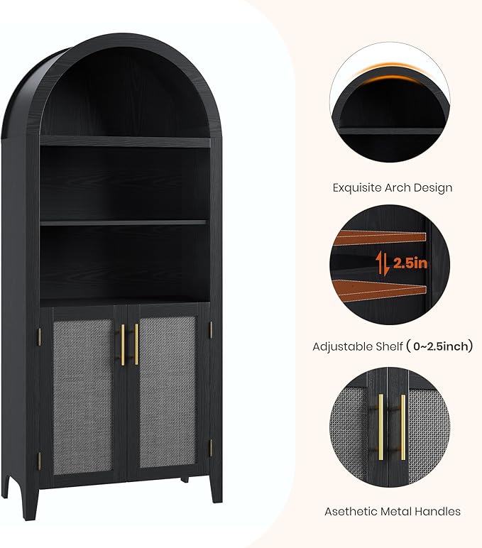 IDEALHOUSE Arched Kitchen Pantry Cabinet with Doors - 5-Tier Open Display Shelf with Rattan Decor, Farmhouse Storage Cabinet for Kitchen, Dining Room, Living Room, Black