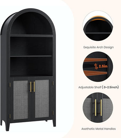 Garvee Arched Kitchen Pantry Storage Cabinet - 5-Tier Open Display Shelf with Rattan Decor, Farmhouse Storage Cabinet for Kitchen, Dining Room, Living Room, Black