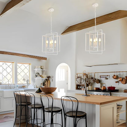 4-Light Farmhouse Chandelier, Rustic Lantern Foyer Lighting Fixtures, Adjustable Metal Antique White Hanging Pendant Light for Dining Room Entryway Kitchen Island Staircase