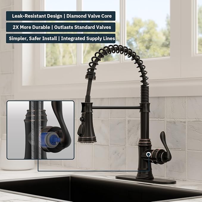 BWE Solid Brass Kitchen Faucet 1 or 3 Hole, Oil Rubbed Bronze Kitchen Sink Faucet with Pull Down Sprayer, Single Handle High Arc Faucet with 3 Mode Spray for RV Farmhouse Bar Kitchen