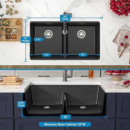 33 Inch Black Undermount Granite Composite Kitchen Sink- Under Counter Quartz Double Bowl Workstation Sinks with Accessories Quick Drain Noise Reduction Classic Style