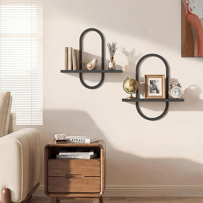 KALYLOC Floating Shelves for Wall, Hanging Shelves Wall Shelf for Plants, Decorative Wall Mounted Shelves for Living Room Bedroom Bathroom Home Office Kitchen, Black Wood Set of 2