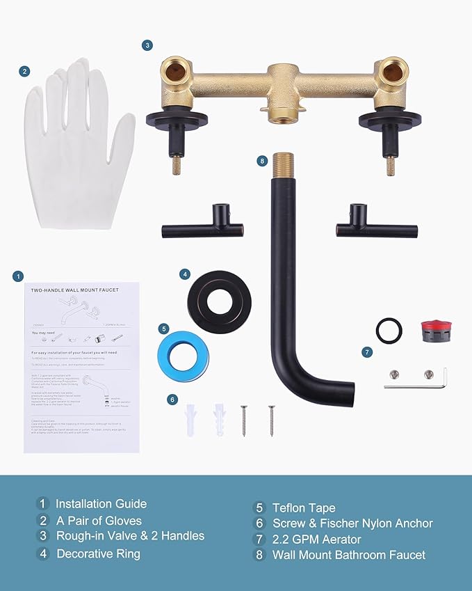 Oil Rubbed Bronze Bathroom Faucet - WOWOW Wall Mount Bathroom Faucet, 2 Handle Vanity Faucet 3 Holes Rough in Brass Valve Included Elegant Spout