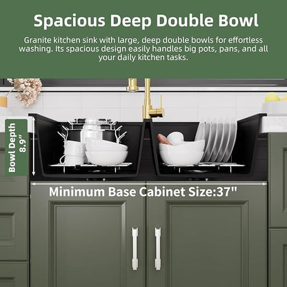 Davivy 33 Inch Black Drop in/Top Mount Double Bowl Kitchen Sink, 50/50 Split Black Granite Composite Double Kitchen Sink Workstation, Deep Double Bowl Design with Accessories