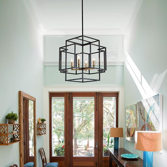 4-Light Black and Gold Chandelier, Modern Dining Room Light Fixture, Farmhouse Hanging Lantern Pendant Light, Industrial Ceiling Foyer Chandeliers, for Kitchen Island,Staircase,Entryway