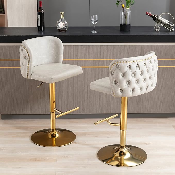 Furniture,Swivel Adjusatble Seat Height, Modern PU Upholstered Bar Stools with The Whole Back Tufted, for Home Pub and Kitchen Island（Beige, Set of 2）