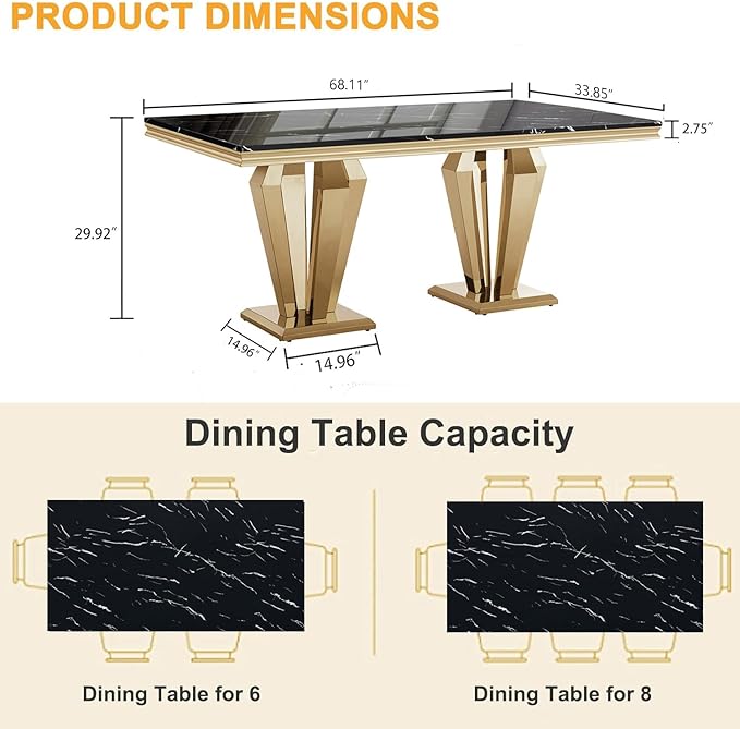 Black Marble Dining Table for 4 6 8, Modern 68 Inch Kitchen Table with Faux Marble Top and Gold Dimaond Design Pedestal Base, Luxurious Rectangular Large Dining Room Table,Home Kitchen Furniture