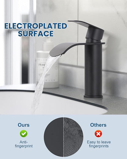 WOWOW Waterfall Bathroom Faucet Matte Black: Bathroom Sink Faucet for 1 Hole or 3 Holes, Single Handle Vanity Faucet with Pop up Drain, Stainless Steel Basin Sink Tap for RV Lavatory