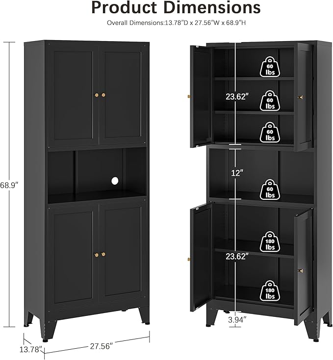 69" H Kitchen Pantry Cabinet with Countertop,Kitchen Hutch Cabinet with Storage,Black Metal Storage Cabinet,Microwave Cabinet,