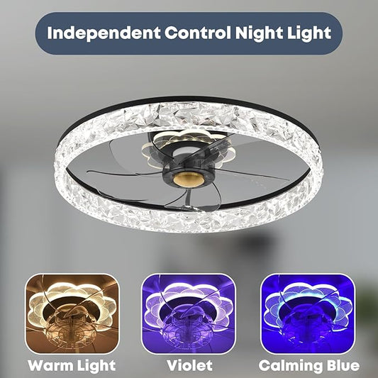 Fszdorj 20'' Ceiling Fan with Light, Upgraded Low Profile Fan, Flush Mount Ceiling Fan, 6 Speeds, Dimmable LED, App & Remote Control, Quiet DC Motor, for Bedroom, Living Room, F098 Black