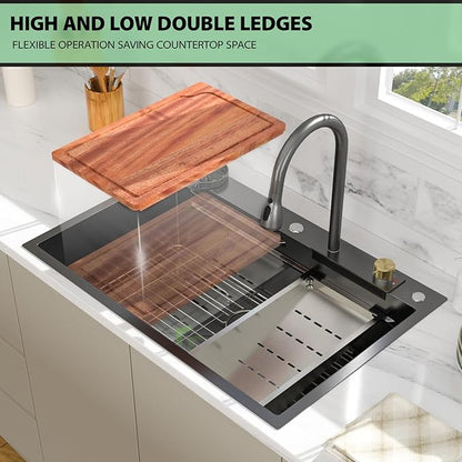 33 Inch Black Waterfall Kitchen Sink - Beslend 33x22 Drop In Waterfall Sink Nano Black Workstation Smart Sinks 16 Gauge Stainless Steel Single Bowl Dish Basin with Faucet Combo