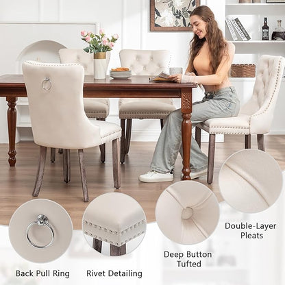 Eifizek Velvet Dining Chairs Set of 4, Upholstered Dining Room Chairs with Nailhead Ring Pull Trim, Button Tufted Wing Back Chairs for Dining with Solid Wood Legs for Kitchen Dining Room(Beige)
