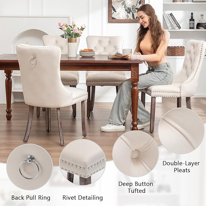 Eifizek Velvet Dining Chairs Set of 6, Upholstered Dining Room Chairs with Nailhead Ring Pull Trim, Button Tufted Wing Back Chairs for Dining with Solid Wood Legs for Kitchen Dining Room(Beige)