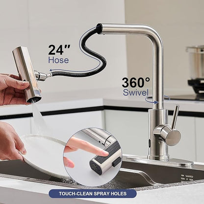 AVSIILE Brushed Nickel Touchless Kitchen Faucets with Pull Down Sprayer & Soap Dispenser, Single Hole & Handle, Pull Out Tap, Waterfall Stainless Steel Sink Faucet for Farmhouse Camper Laundry Rv Bar