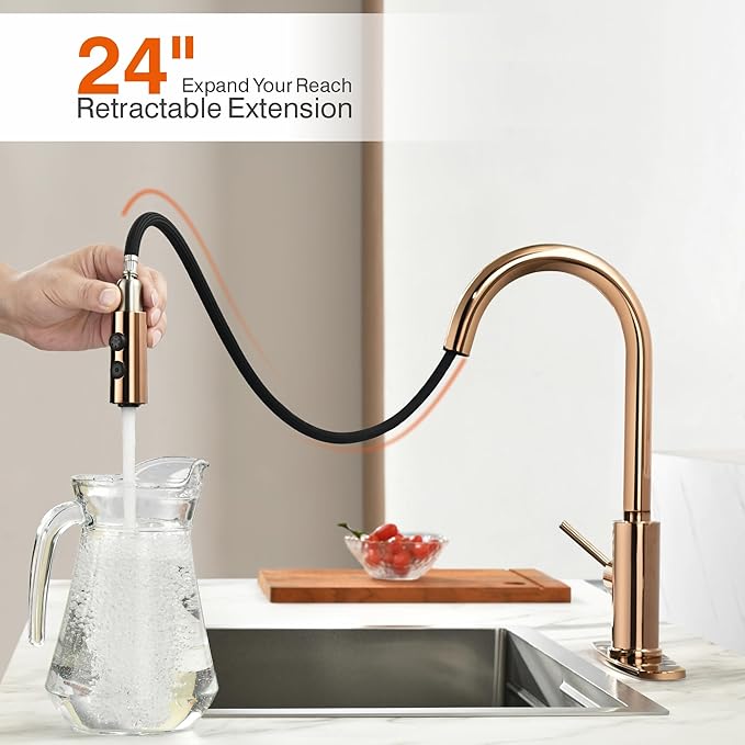 RULIA Kitchen Faucet, Kitchen Sink Faucet, Sink Faucet, Pull-Down Kitchen Faucets, Bar Kitchen Faucet, Copper Rose Gold, Metal Spray Head, RB1025
