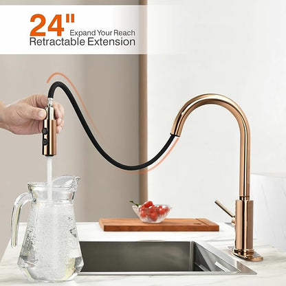 RULIA Kitchen Faucet, Kitchen Sink Faucet, Sink Faucet, Pull-Down Kitchen Faucets, Bar Kitchen Faucet, Copper Rose Gold, Metal Spray Head, RB1025