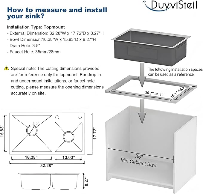 32" x 18" Drop-in/Topmount Double Bowl Kitchen Sink, Nano-Coated 304 Stainless Steel Kitchen Sink with Drain and Overflow