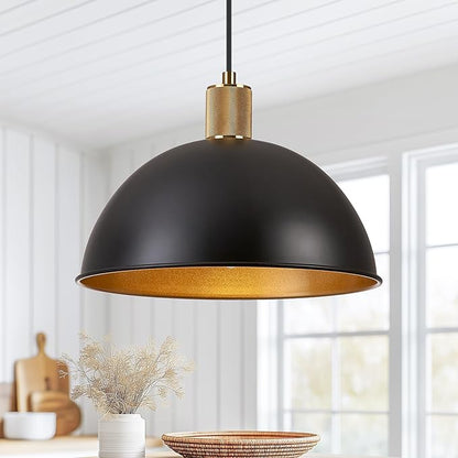 12 Inch Black Dome Pendant Lights for Kitchen Island, Height Adjustable Farmhouse Industrial Hanging Light Fixtures Over Table for Dining Room, Entryway, 1 Pack