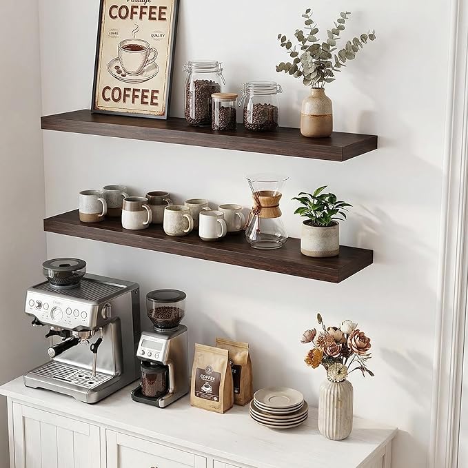 INHABIT UNION 31.5in Floating Shelves for Wall, Wall Mounted Shelves for Decor Storage Set of 2, Floating Shelf for Bedroom, Bathroom, Living Room and Kitchen（Dark Walnut）