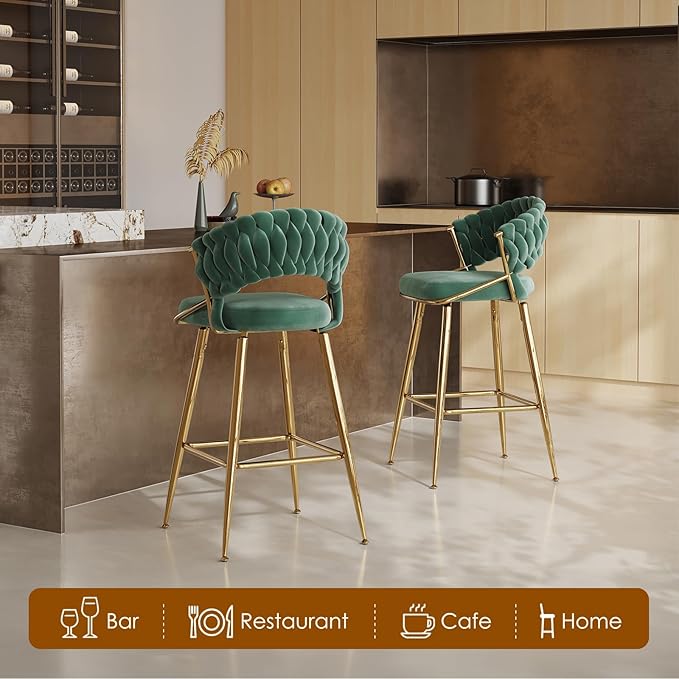 25.2" Velvet Counter Stool with Gold Accents, Ergonomic Plush Seat for Kitchen Island Bar