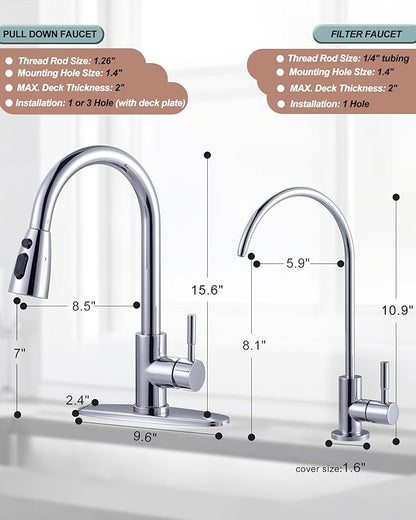 Kitchen Faucet and Water Filter Faucet Combo, WOWOW Stainless Steel Kitchen Sink Faucet with Drinking Water Faucet for Reverse Osmosis or Water Filtration System, Chrome