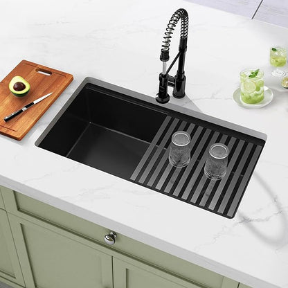Black Undermount Kitchen Sink 30 inch,16 Gauge Stainless Steel Sinks,Single Bowl Workstation Sink,Modern Kitchen Sink Offset Drain (30" X 18")