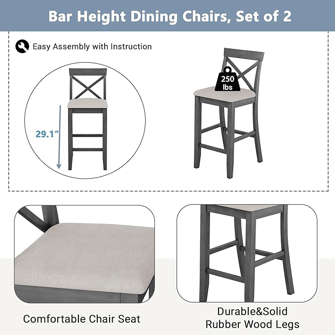 LUMISOL 3 Piece Pub Bar Table and Chair Set, Small Wood Counter Height Table Set, 3 Piece High Top Kitchen Table Set for Breakfast Nook, Gray