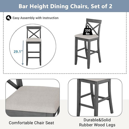 LUMISOL 3 Piece Pub Bar Table and Chair Set, Small Wood Counter Height Table Set, 3 Piece High Top Kitchen Table Set for Breakfast Nook, Gray