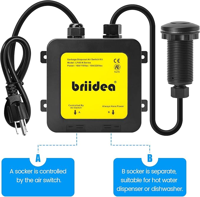 Garbage Disposal Air Switch Kit Dual Outlet Sink Top Waste Disposal Long Stainless Steel Black On/Off Air Button Food and Waste Disposals Part by Briidea, UL Listed