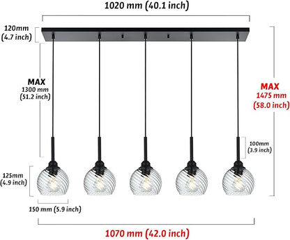 5 Light Kitchen Pendant Lighting Over Island with Striped Swirl Globe Glass, Black Blown Glass Pendant Light Hanging Ceiling Lamp Contemporary Chandelier for Dining Room Bar Living Room