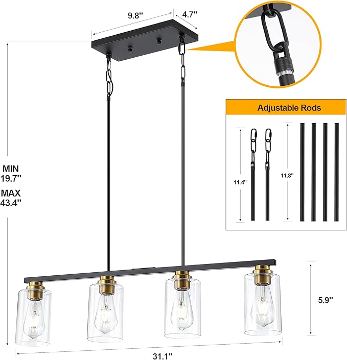 Mecgirn Island Light for Kitchen, Black and Gold Dining Room Light Fixture Over Table, 4-Light Linear Chandelier Pendant Lighting for Dining Table Kitchen Island Living Room