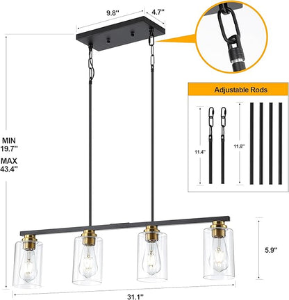Mecgirn Island Light for Kitchen, Black and Gold Dining Room Light Fixture Over Table, 4-Light Linear Chandelier Pendant Lighting for Dining Table Kitchen Island Living Room