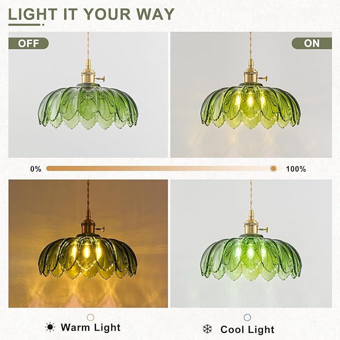 Glass Pendant Lights Kitchen Island, Vintage Brass Pendant Light Fixtures, Adjustable Green Kitchen Pendant Lighting Over Island for Bedroom Living Room Hallway Dining Room