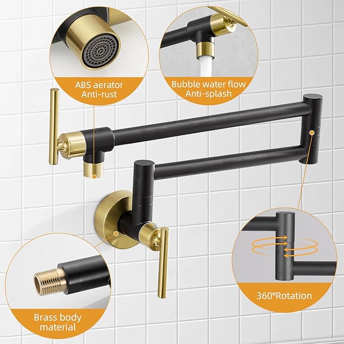 Fransiton Black Gold Pot Filler, Pot Filler Faucet Wall Mount, Brass Folding Stretchable with Double Joint Swing Arm Single Hole Two Handles Kitchen