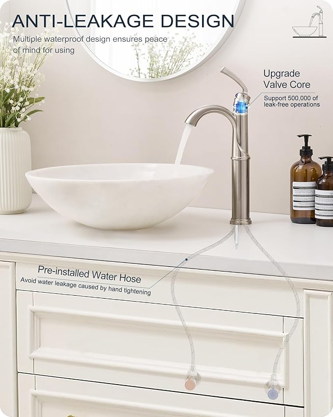Brass Vessel Faucet Brushed Nickel, 1 Hole Tall Faucet for Bathroom Sink with Single Handle, Pop Up Drain & cUPC Water Hoses, Classic Aerator Style for Vessel Sink, 5 Mins Quick Installation