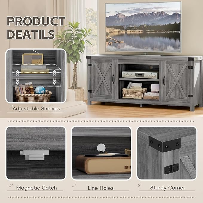 YESHOMY Modern Farmhouse TV Stand with Two Barn Doors and Storage Cabinets for Televisions up to 65+ Inch,Entertainment Center Console Table,Media Furniture for Living Room,Rustic Gray