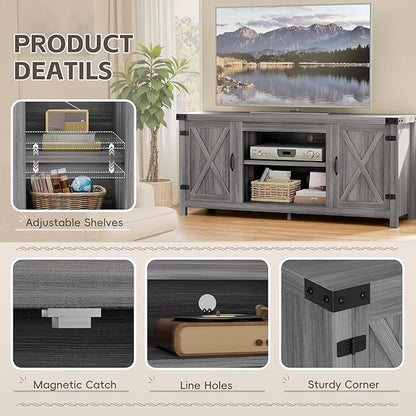 YESHOMY Modern Farmhouse TV Stand with Two Barn Doors and Storage Cabinets for Televisions up to 65+ Inch,Entertainment Center Console Table,Media Furniture for Living Room,Rustic Gray