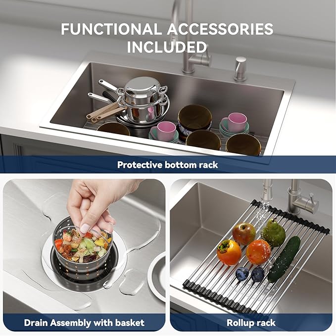 Lordear 28 Drop In Kitchen Sink 28 x 22 Kitchen Sinks Single Bowl Drop In Stainless Steel 16 Gauge R10 Tight Radius Topmount Kitchen Sink