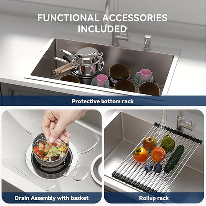 Lordear 28 Drop In Kitchen Sink 28 x 22 Kitchen Sinks Single Bowl Drop In Stainless Steel 16 Gauge R10 Tight Radius Topmount Kitchen Sink
