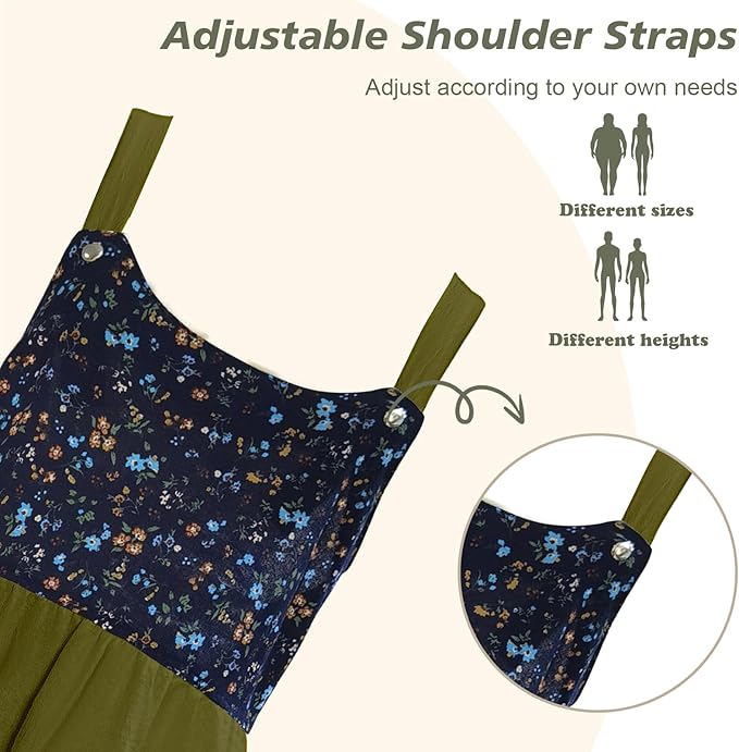 Cityelf Vintage Pinafore Apron Dress Snap Adjust Linen Cotton with Pockets Floral Aprons for Cooking Gardening