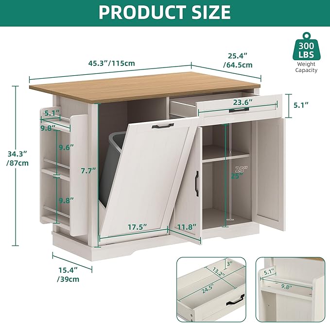 YITAHOME 50 Inch Rolling Kitchen Island with Trash Can Storage Cabinet & Drop Leaf, Portable Mobile Islands Table Long Floating Movable w Wheels Drawer Cabinet for 13 Gallon Garbage Bin, Off White