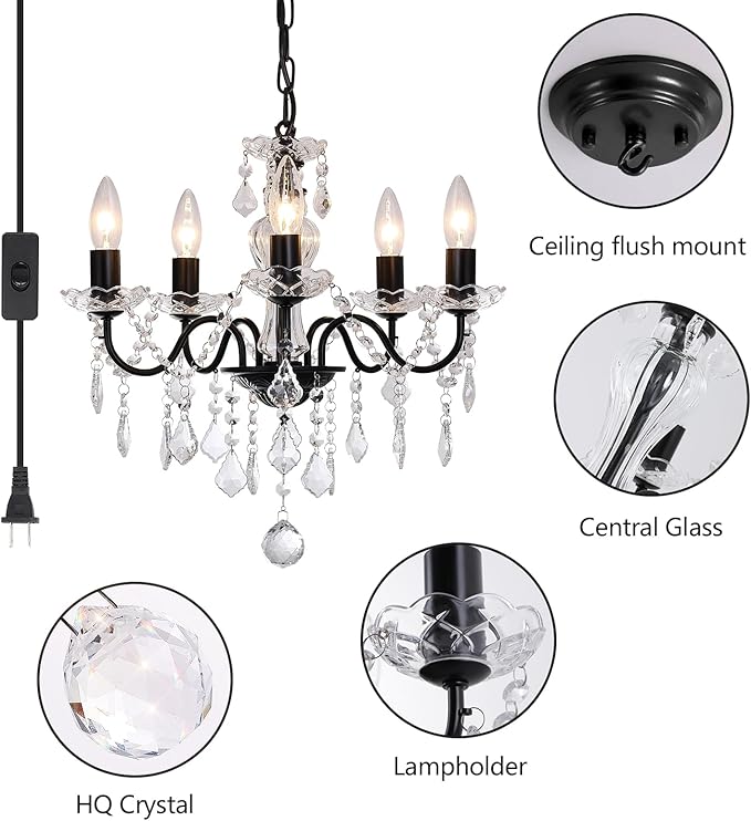 Plug in Modern 5-Light Black Chandelier with Glass Crystals, Candle Style Pendant Light Fixtures for Living Room, Girls Room, Kitchen Island, Entryway