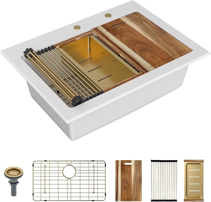 Sarlai 30 Granite Composite Kitchen Sink - 30"x22" Drop In Kitchen Sink Ledge Workstation White Granite Quartz Composite Top-Mount Single Bowl Sinks Basin with Gold Accessories