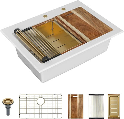 Sarlai 30 Granite Composite Kitchen Sink - 30"x22" Drop In Kitchen Sink Ledge Workstation White Granite Quartz Composite Top-Mount Single Bowl Sinks Basin with Gold Accessories