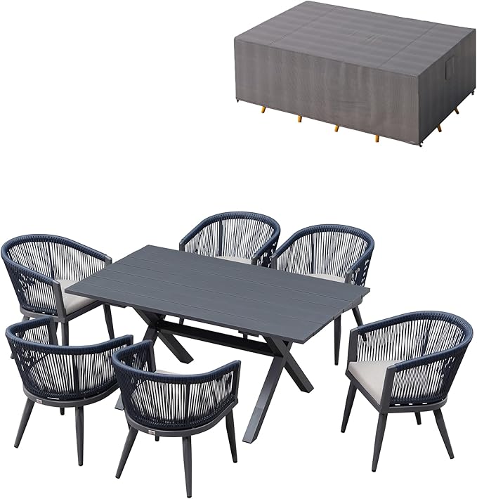 PURPLE LEAF Outdoor Dining Set with Waterproof Furniture Cover 7-Piece All-Weather Patio Set for 6 with Gray Aluminum Table Rope Weave Chairs and Cushions, Gray