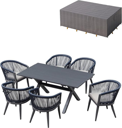 PURPLE LEAF Outdoor Dining Set with Waterproof Furniture Cover 7-Piece All-Weather Patio Set for 6 with Gray Aluminum Table Rope Weave Chairs and Cushions, Gray